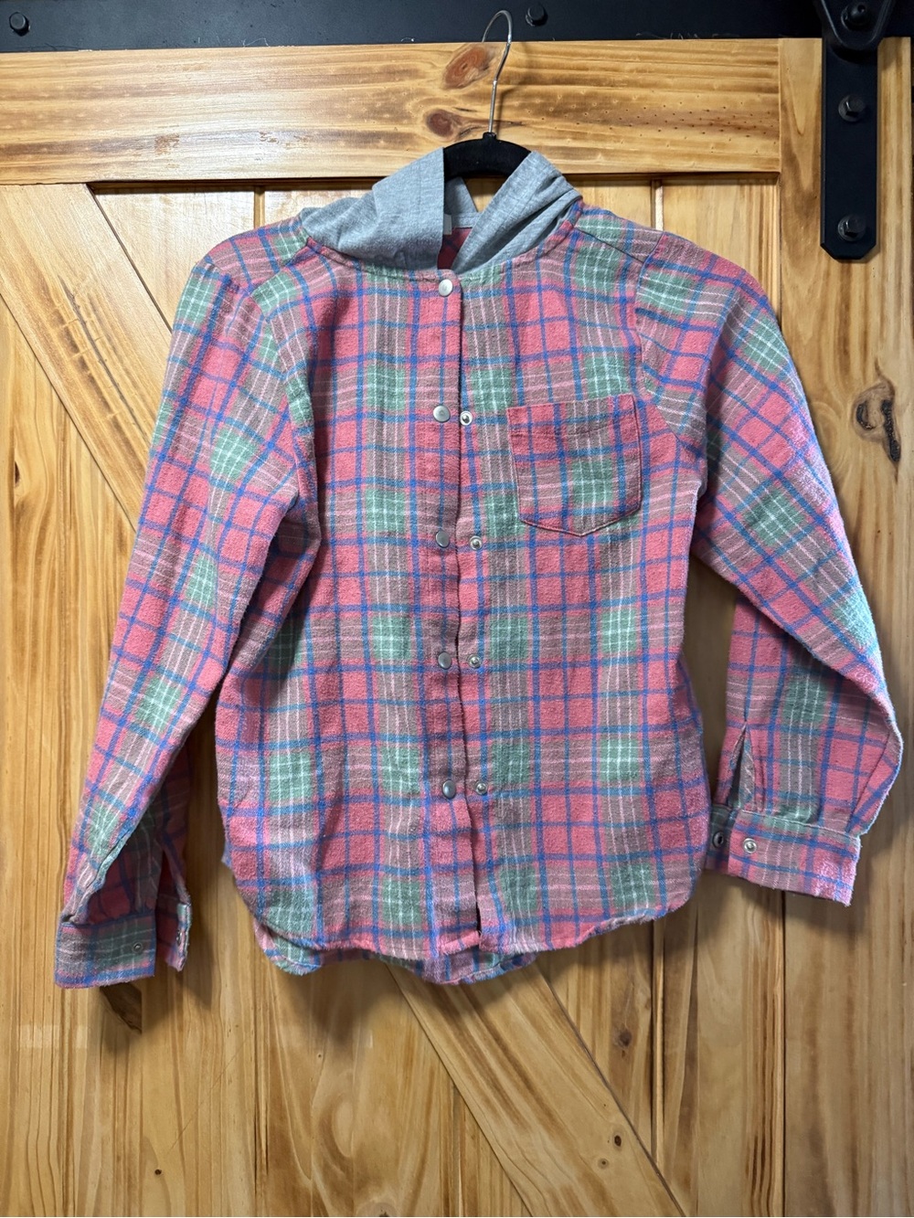 BKE Coral and Green Plaid Button-Down Shirt with Gray Hood